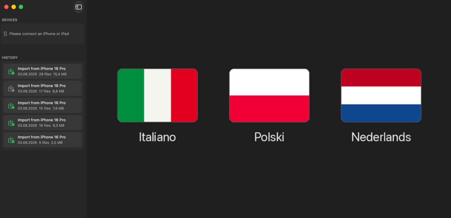 A partir da versão 1.2, o italiano, o polaco e o neerlandês escolhem-se diretamente na app.