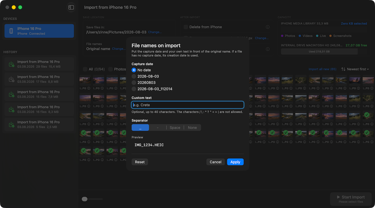 The file name template can be put together freely before the import.
